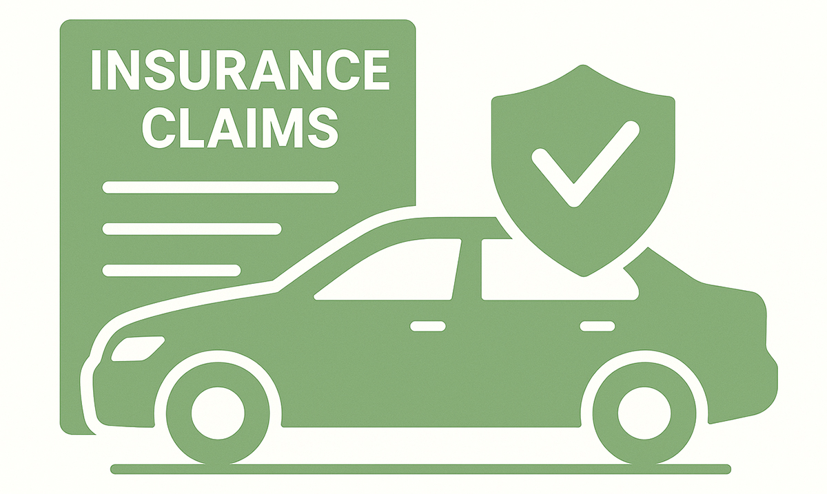 Graphic of an insurance claim, a car and shield with a checkmark in it | Insurance Claims | St Marys Auto Body